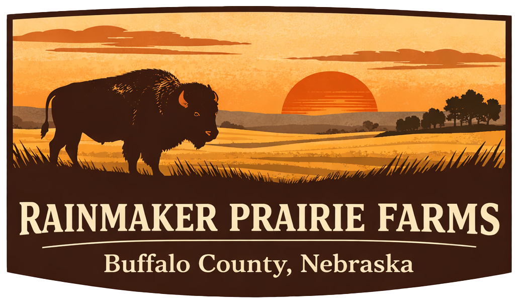 Bison and prairie sunset artwork for Rainmaker Prairie Farms